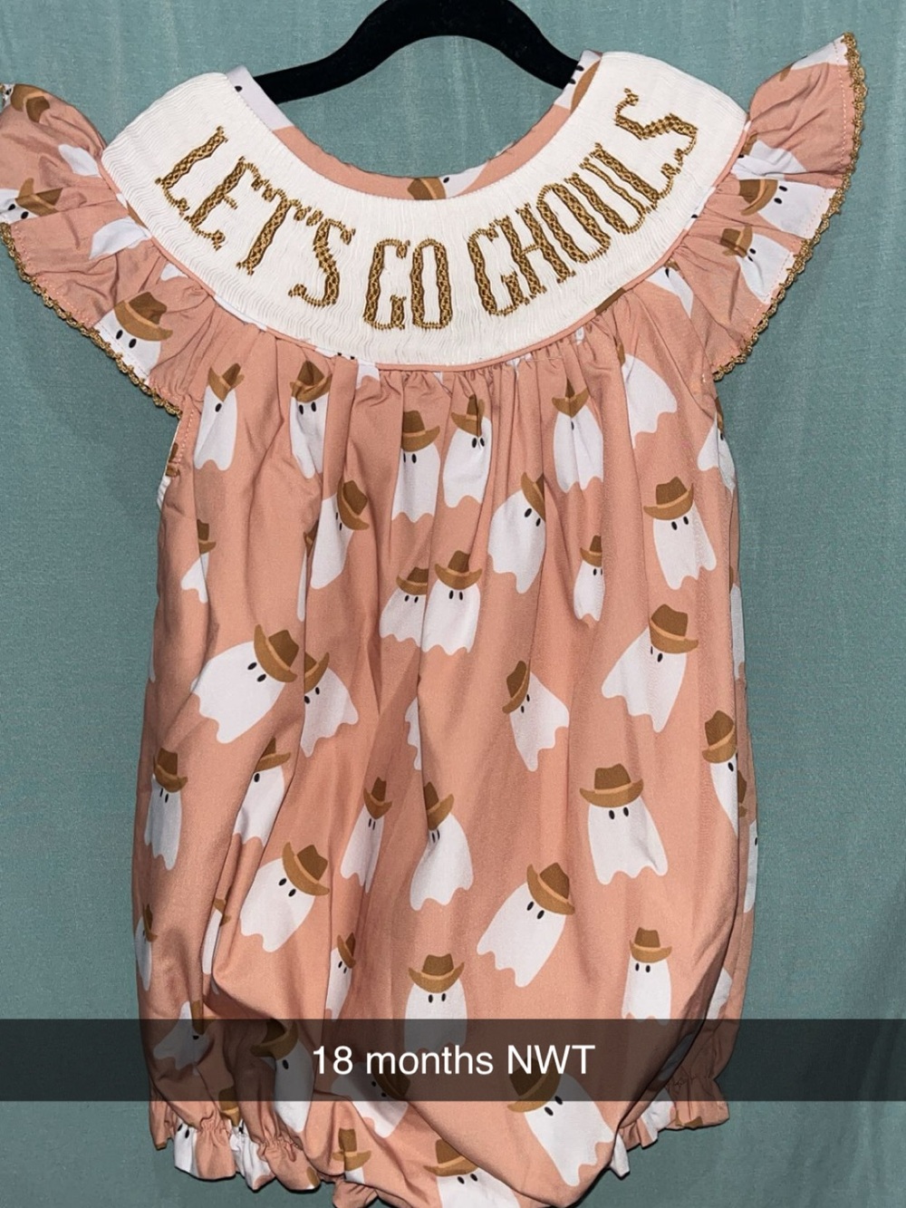 Girls Peach Ghost Print Bubble Romper with 'LET'S GO GHOULS' Collar